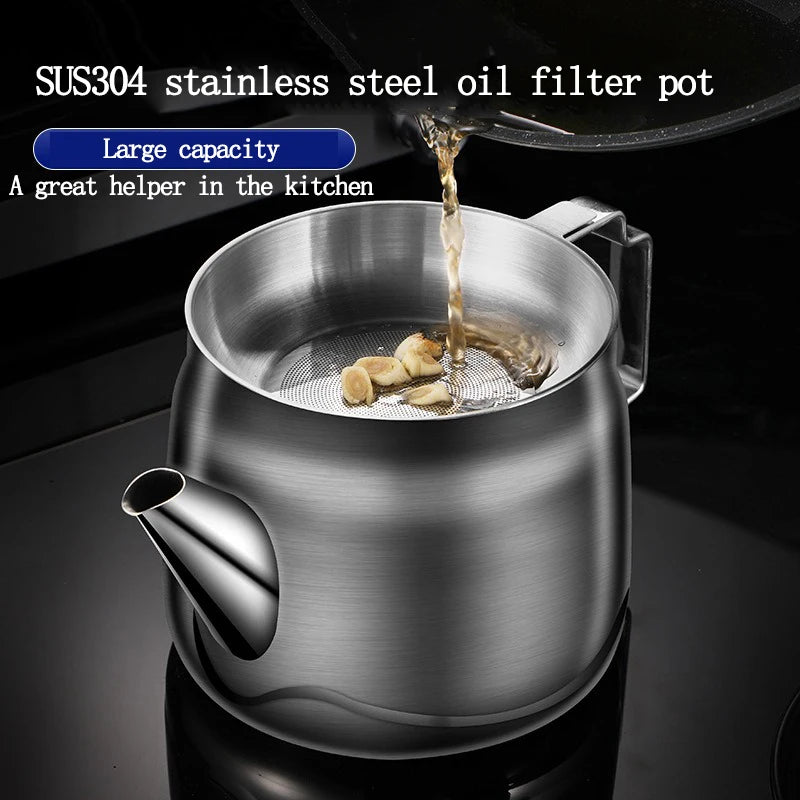 1/1.5/2L 304 Stainless Steel Oil Strainer Pot Cooking Oil Can with Fine Mesh Strainer Kitchen Fat Storage Kitchen Accessories Peaceful Pleasures Health and Wellness