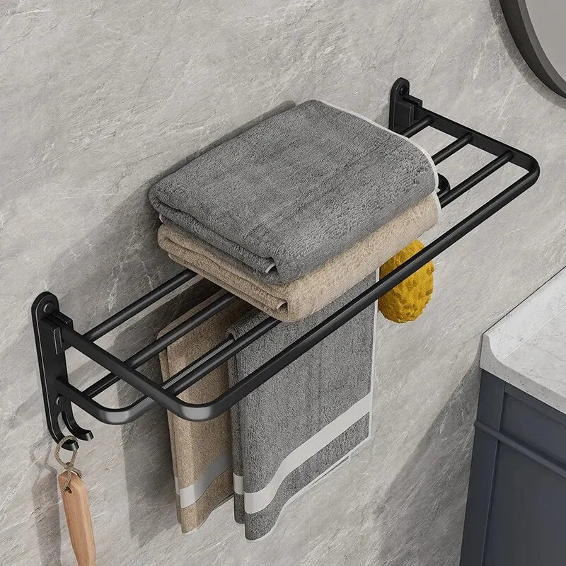 Matte Black 50CM Folding Double Towel Rack | Aluminum Wall Mount