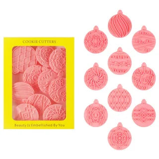 10 Piece Mini Christmas Ornament Cookie Cutters, 3d Raised Design Cookie Stamps, Mini Round Ornament Baking Molds(Ornament) Peaceful Pleasures Health and Wellness Pink