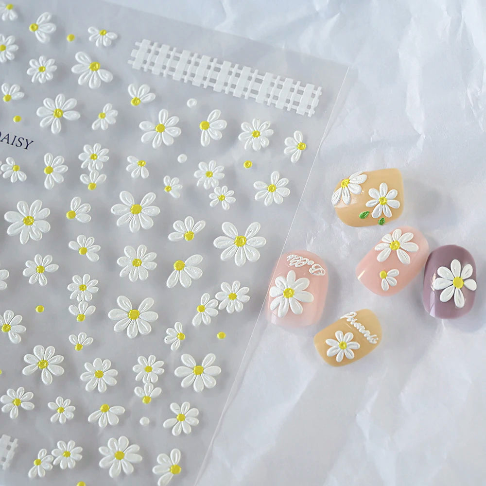 5D Embossed Daisy Nail Art Stickers – Spring Floral Decals 2pc