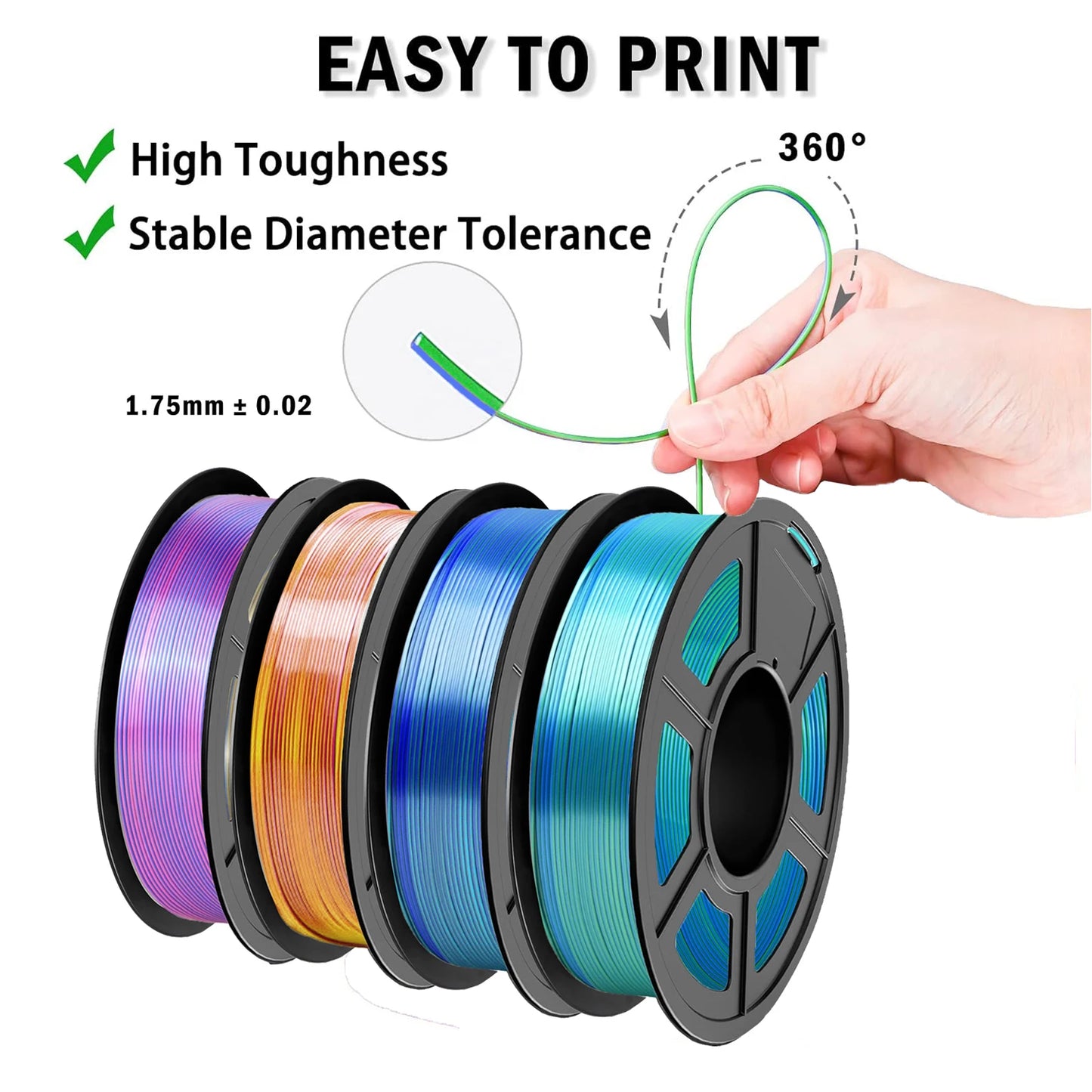DINGSUN PLA Filament Bundle 1.75mm Tri-Color 3D Printer 250g–1kg