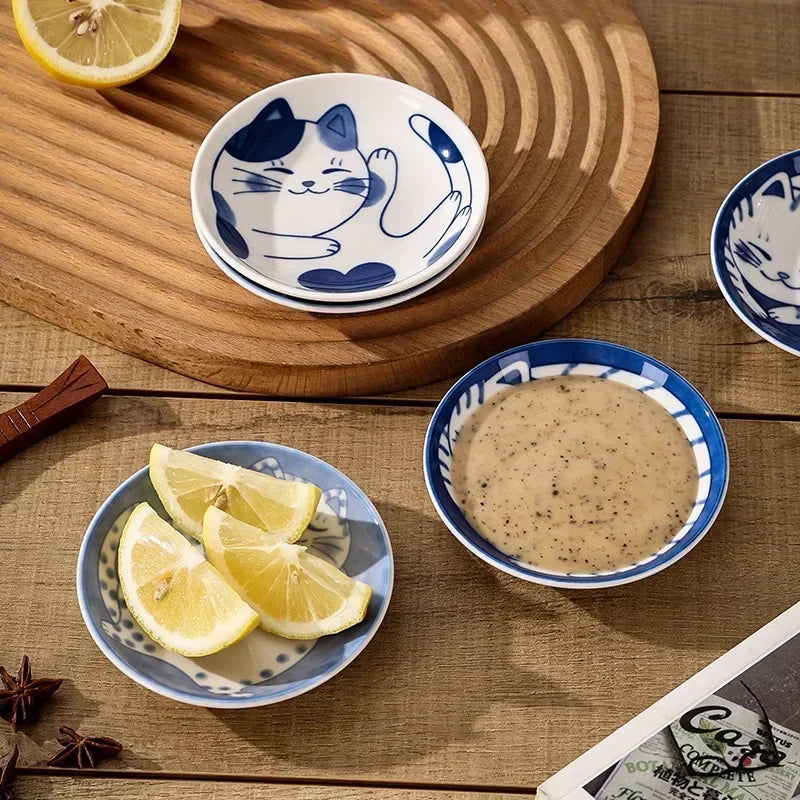 Japanese Style Cat Dish Cartoon Ceramic Dish Household Dining Table Dipping Dish Soy Sauce Dish Small Dish Seasoning Dish Peaceful Pleasures Health and Wellness