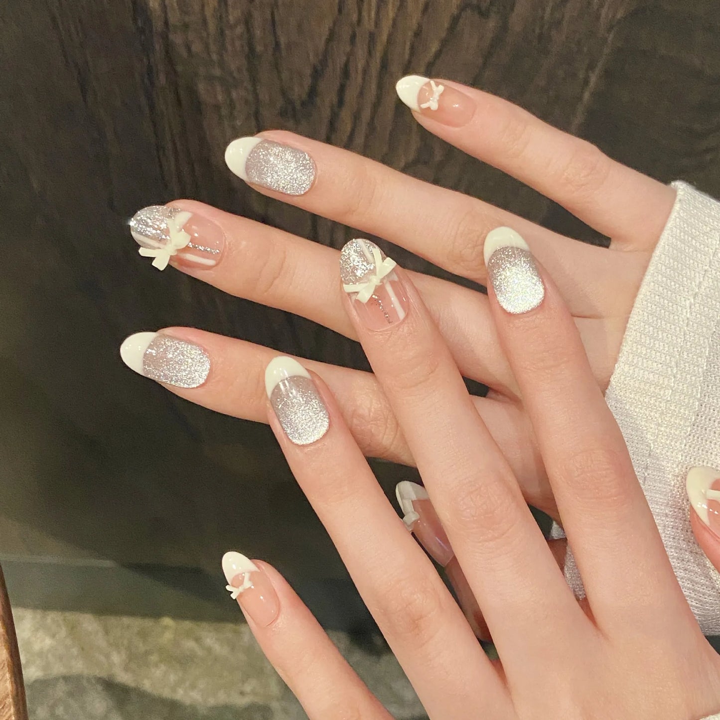 French Press-On Nails Cream White Bow Cat Eye – 10pcs Set