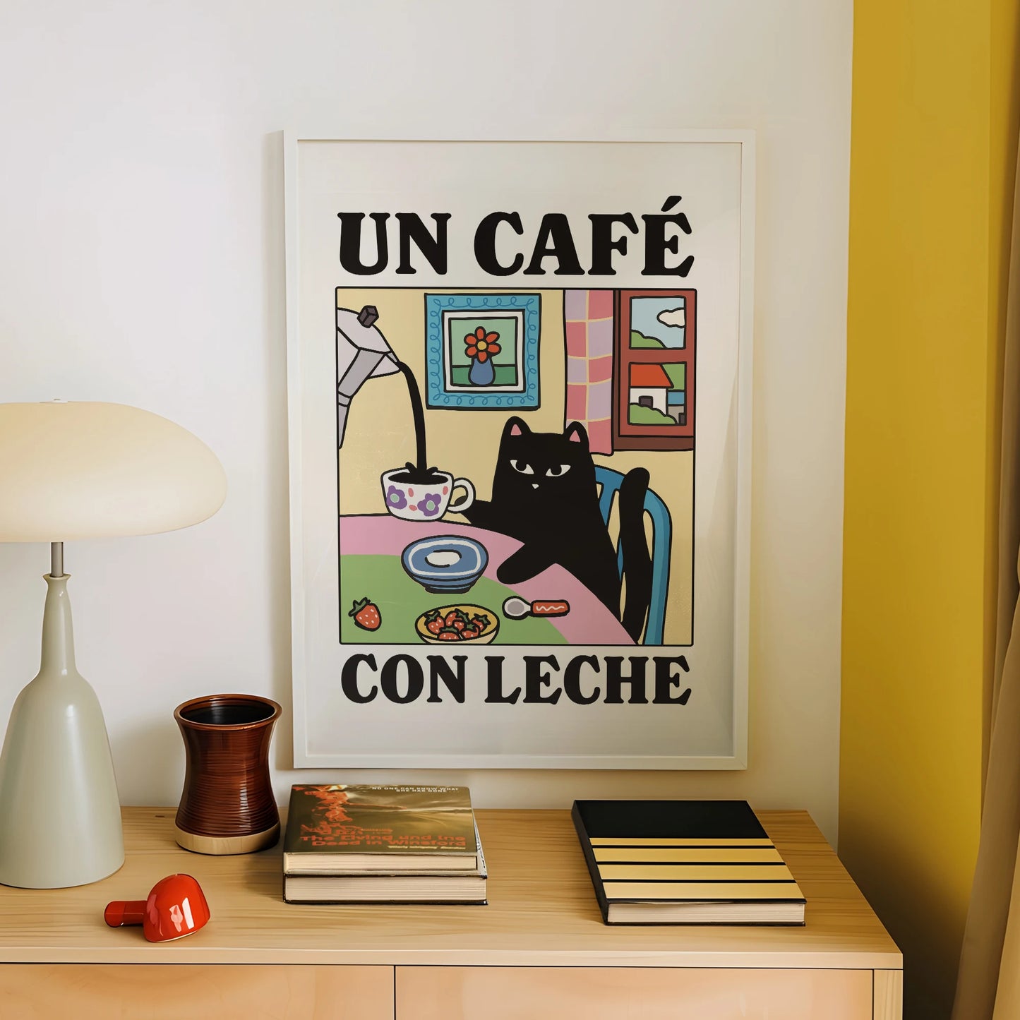 Cartoon Cat Café Con Leche Canvas Wall Art Print | Kids Room