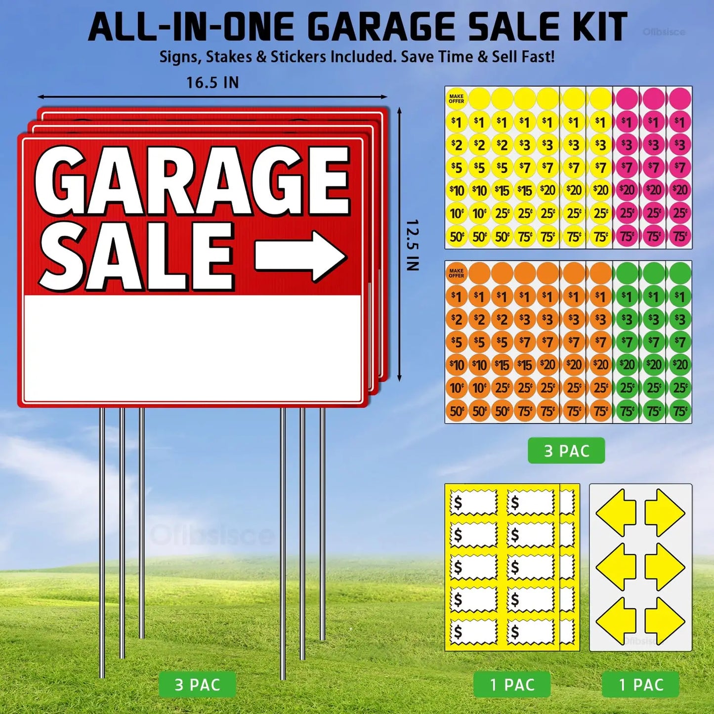 Garage Sale Sign Kit 17x13" | 12 Signs, Stakes & 440 Stickers Yard Sale Sign Kit Peaceful Pleasures Health and Wellness