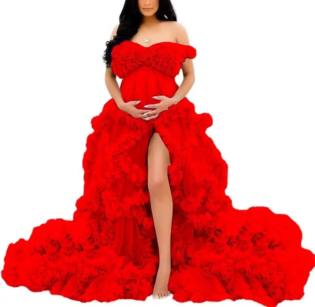 Photoshoot & Baby Shower Tulle Maternity Dress - Off Shoulder, Puffy Ruffles, Elegant Long Robe for Pregnancy Peaceful Pleasures Health and Wellness Red US 2
