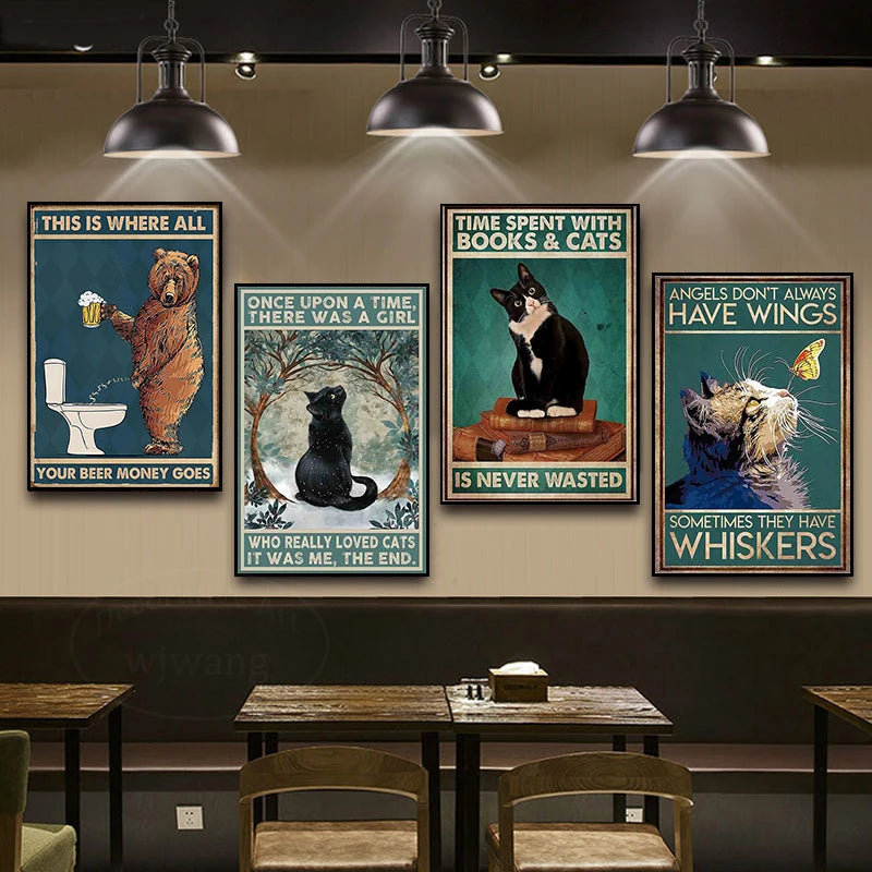 Funny Black Cat Coffee Canvas Wall Art | Retro Cat Poster