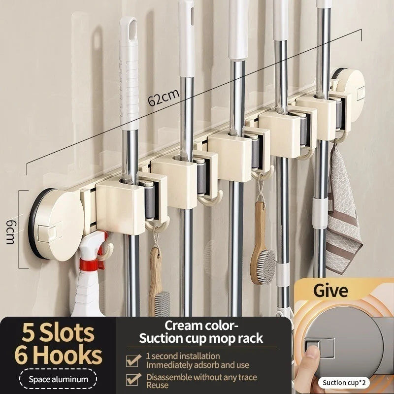 No-Drill Suction Cup Mop Rack Wall-Mounted Holder with 6 Hooks