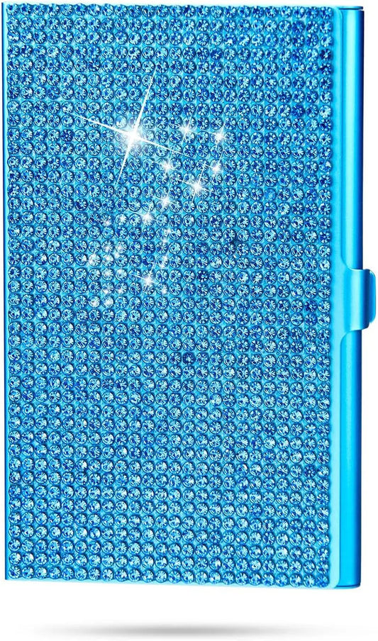 Bview Art Elegant Metal Card Holder Embellished Shiny Rhinestones Peaceful Pleasures Health and Wellness blue