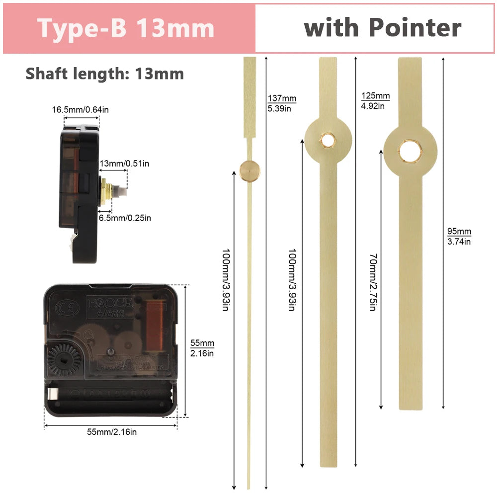 Wall Clock Mechanism Silent Quartz Movement Machine Wall Hands Silent Sweeping Second Movement with Pointer DIY, Repair Tools Peaceful Pleasures Health and Wellness Tpye-B 13mm China Mainland
