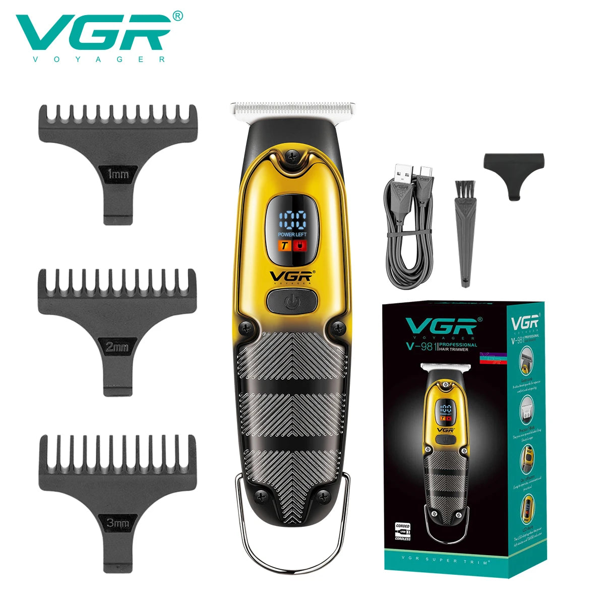 VGR 981 hair clipper LCD digital display home electric stainless steel engraving electroplating scissors Peaceful Pleasures Health and Wellness 981 yello usb