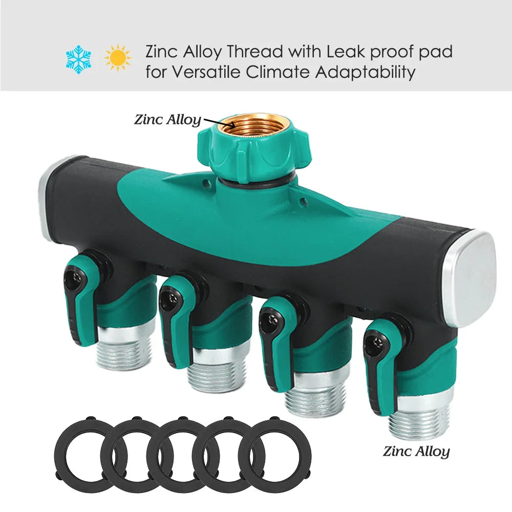 Heavy Duty Metal 4 Way 3/4'' Thread Faucet Splitters with Outdoor Water Tap Connectors Shut Off Valves for Garden Hose Adapter Peaceful Pleasures Health and Wellness