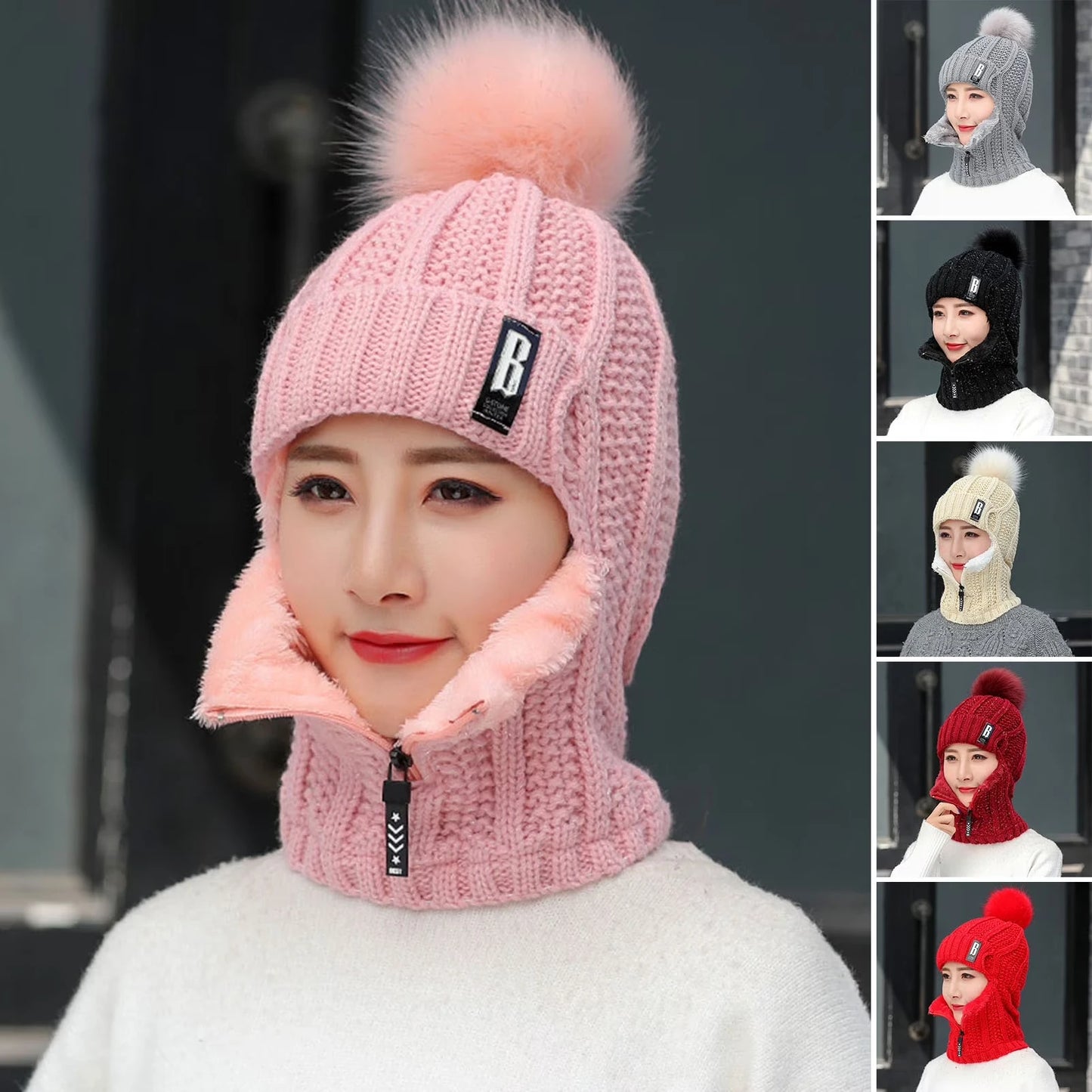 Women's 2-in-1 Scarf Beanie Hat with Zipper, Fashion & Warm Knitted Cap with Pompom, Thickened Coldproof Snow Hood for Outdoor Peaceful Pleasures Health and Wellness