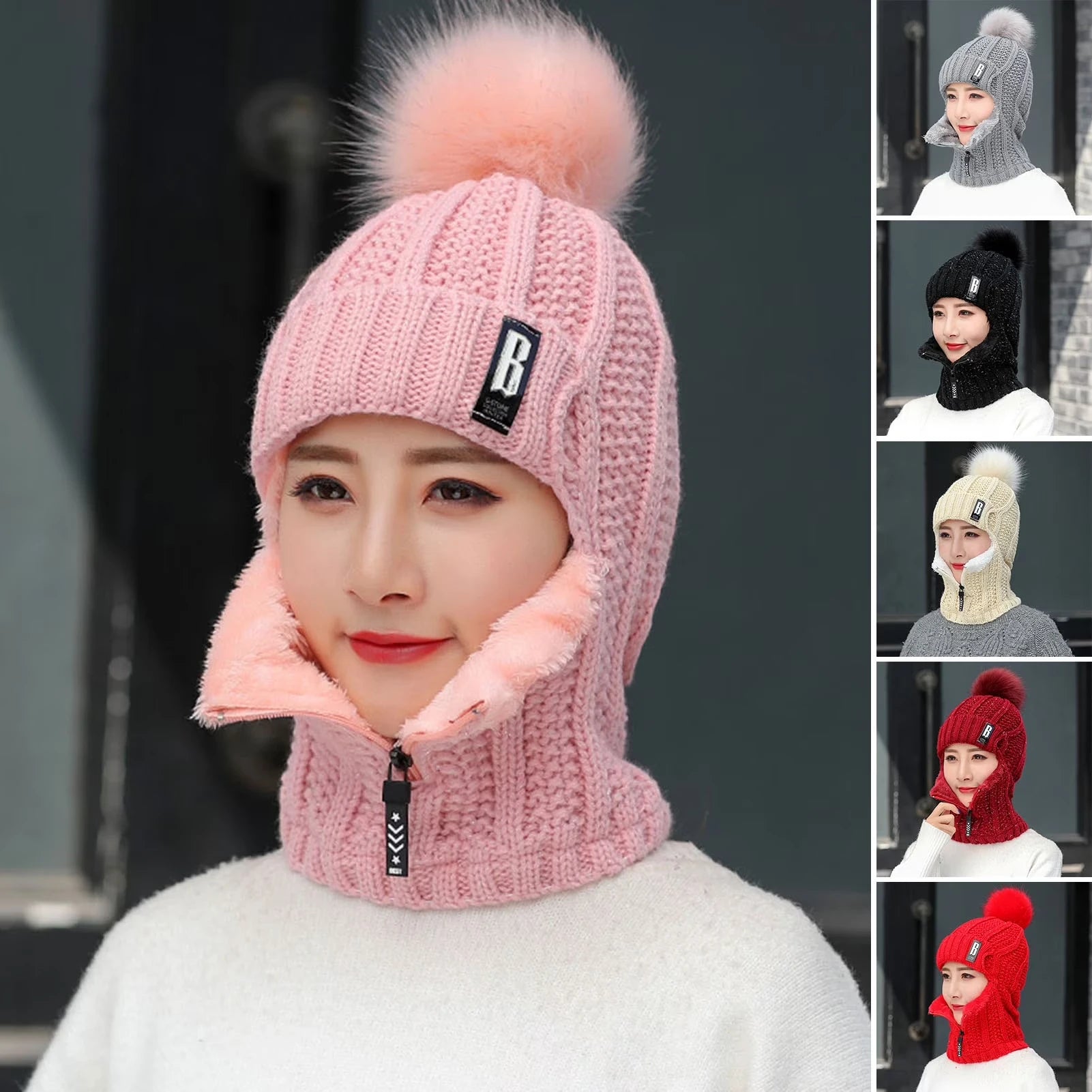 Women's 2-in-1 Scarf Beanie Hat with Zipper, Fashion & Warm Knitted Cap with Pompom, Thickened Coldproof Snow Hood for Outdoor Peaceful Pleasures Health and Wellness