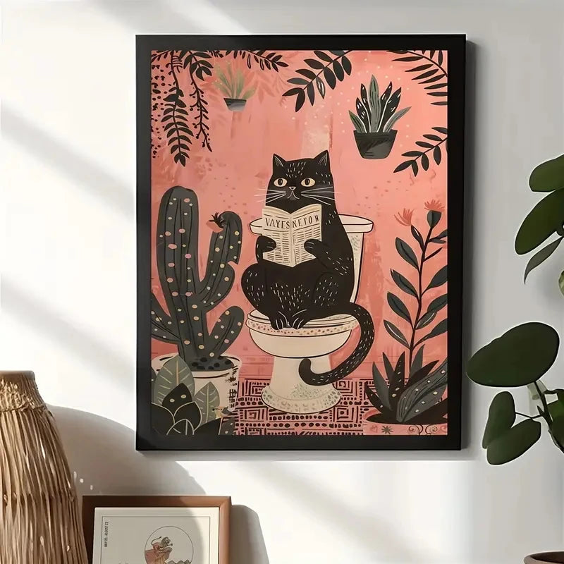 Black Cat Reading Newspaper Canvas Poster | Fun Wall Art