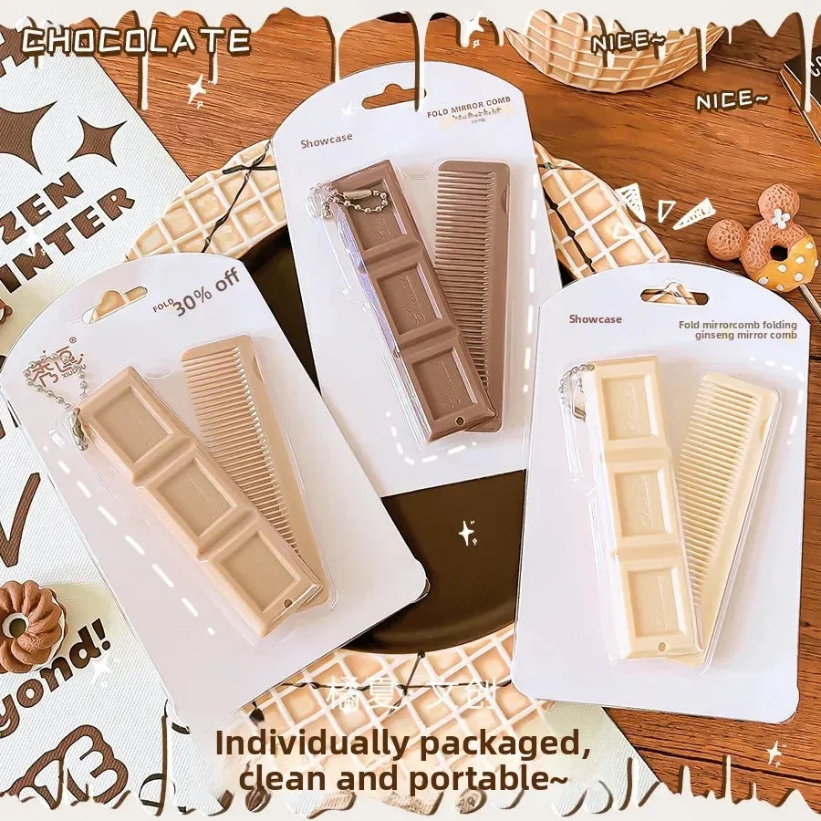 Chocolate Folding Mirror Comb High Appearance Level Cute and Girlish Small Folding Mirror Comb for Girl Portable Integrated Comb Peaceful Pleasures Health and Wellness