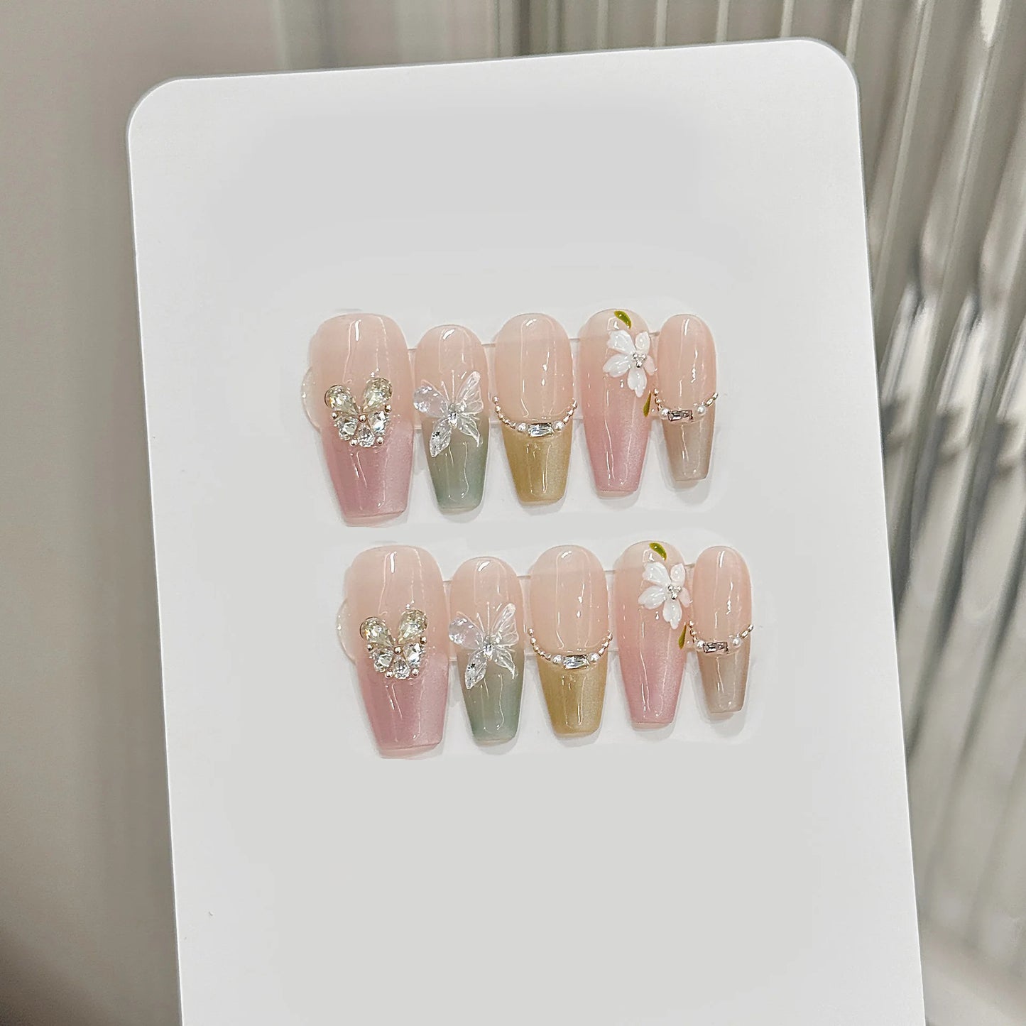 Press On Nails Pink Green Cat Eye Butterfly | Korean French Style