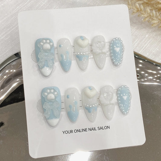 Handmade Press on Nails Light Blue Cute Bear Cat Claws Design Fake Nails French Pearls Love Decor Almond False Nail Tips Peaceful Pleasures Health and Wellness