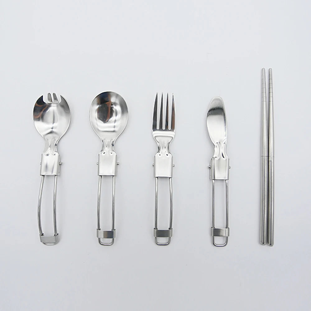 Portable 304 stainless steel folding tableware salad spoon fork chopstick set for Outdoor Camping Hiking Picnics Travel Peaceful Pleasures Health and Wellness
