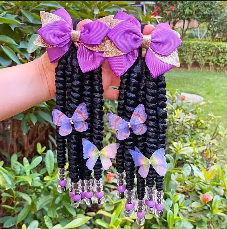 2pack Hair 8inch Kids Braided Ponytail with Beads and Bow Customized Kids Braided Ponytail with Beds Beads and Butterfly Peaceful Pleasures Health and Wellness Purple