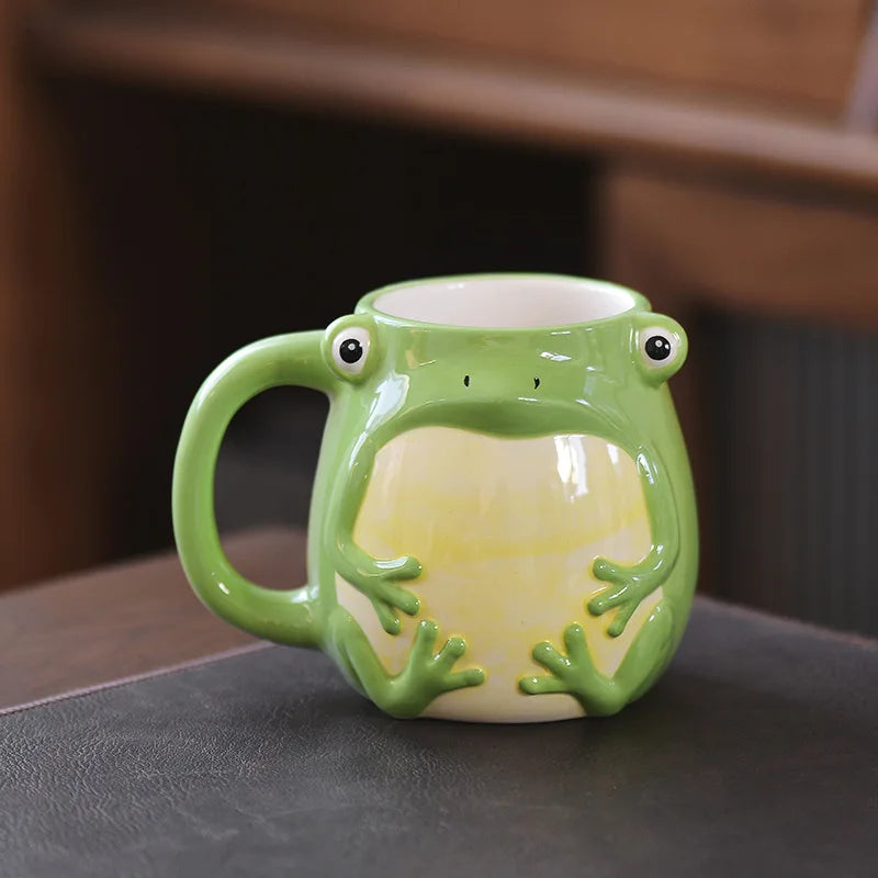 3D Ceramic Frog Mug Cute Hand Painted Animal Coffee Cups Creative Cartoon Drinkware for Home Office Fashion Retro Friend Family Peaceful Pleasures Health and Wellness 401-500ml A
