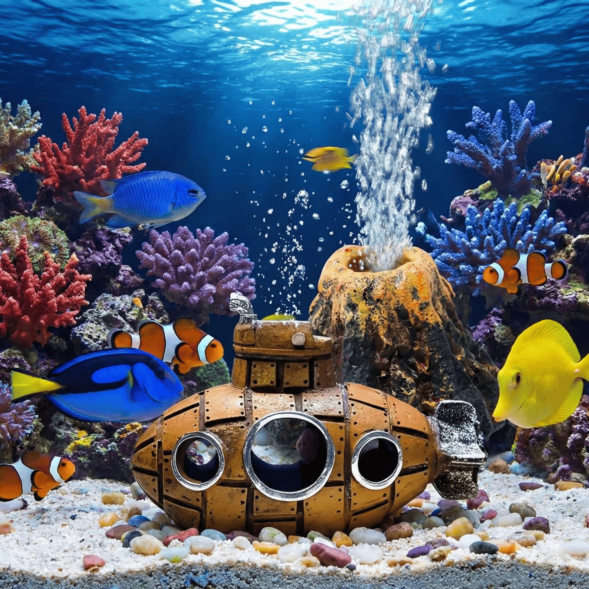 Aquarium Decoration Set Resin Submarine & Volcano Air Bubbler Fish Tank Ornaments Landscape Accessories for Betta Shrimp Decor Peaceful Pleasures Health and Wellness