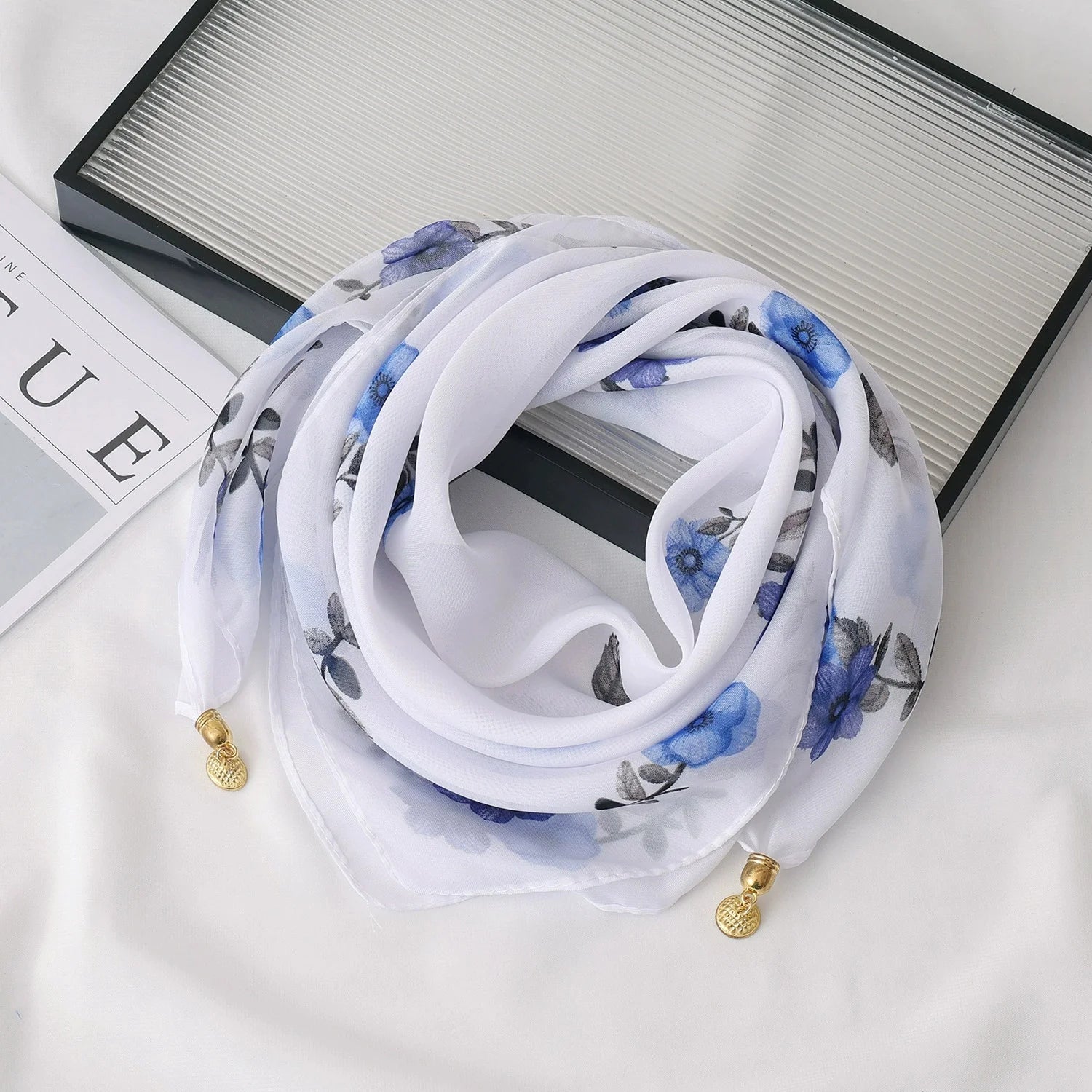 Women's Lightweight Chiffon Satin Scarf – Hair Wrap & Neck Cover Chiffon Head Scarf Peaceful Pleasures Health and Wellness white blue