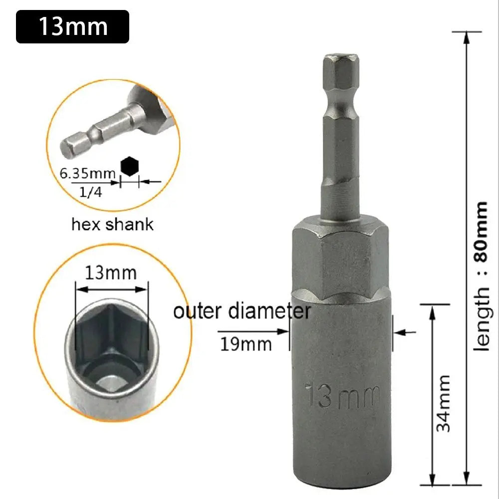 Magnetic Hex Nut Driver Bit Adapter 1/4" Shank 5.5–19mm 80mm