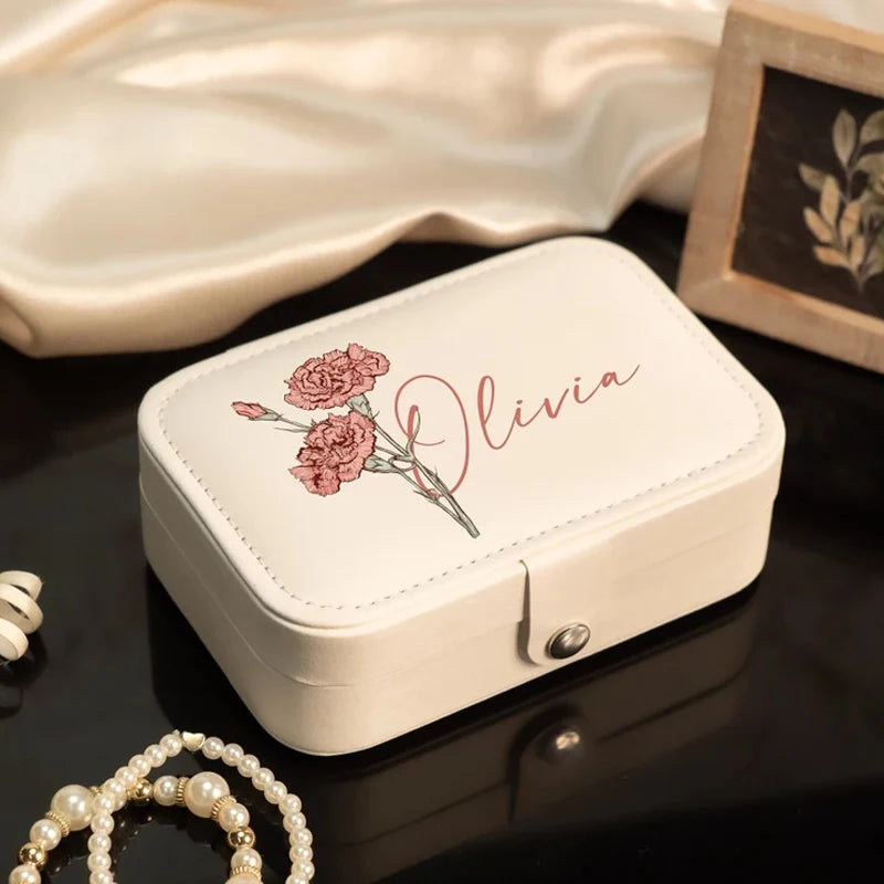 Personalized Floral Jewelry Case | Custom Birth Month Flower Gift Jewelry Travel Case Peaceful Pleasures Health and Wellness