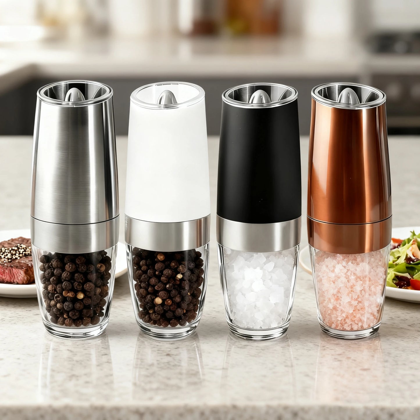 1/2pcs Gravity Electric Pepper and Salt Stainless Steel Grinder Set with Adjustable Coarseness Operated LED Light Peaceful Pleasures Health and Wellness