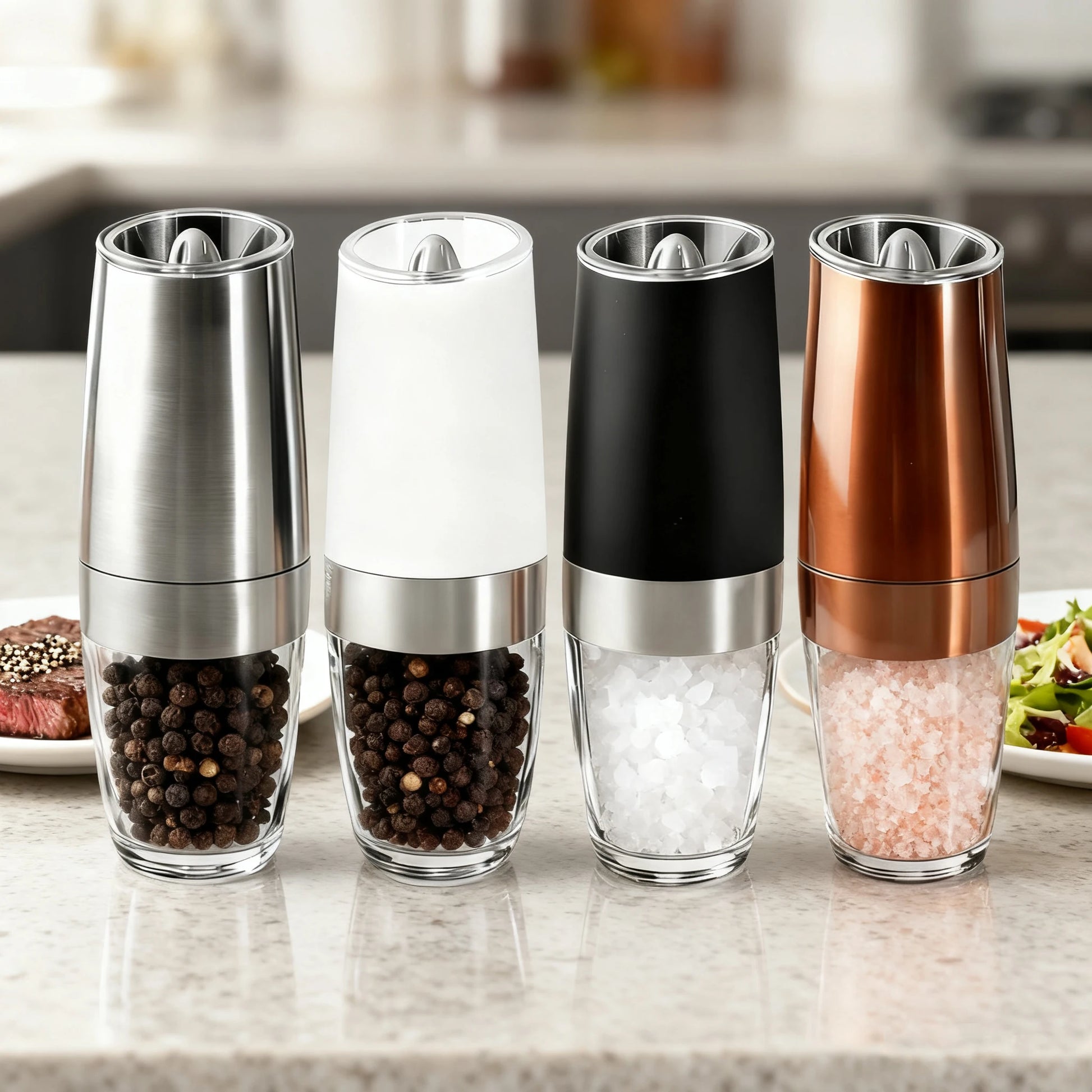 1/2pcs Gravity Electric Pepper and Salt Stainless Steel Grinder Set with Adjustable Coarseness Operated LED Light Peaceful Pleasures Health and Wellness