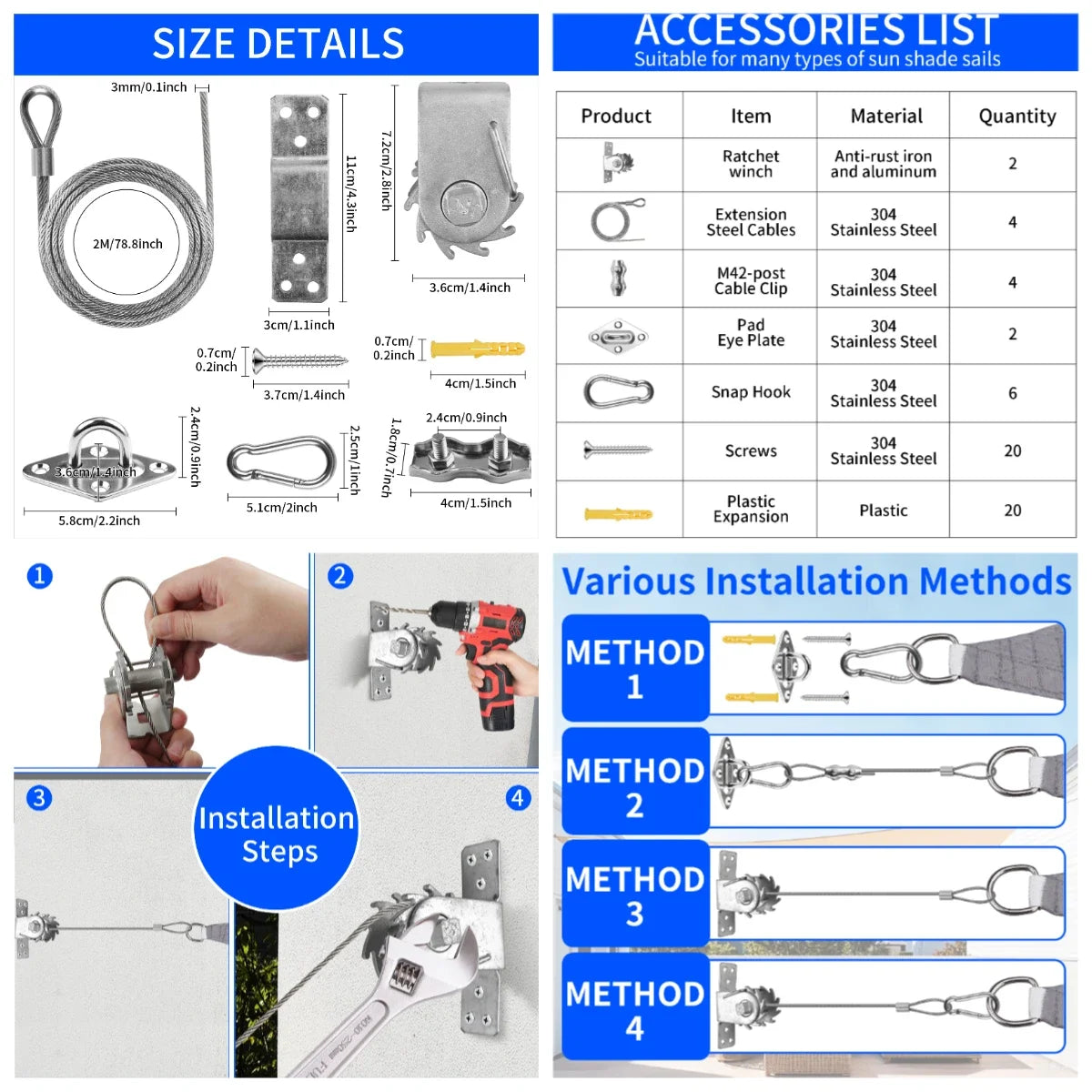 Sun Shade Sail Hardware Kit 24 Pcs – 304 Stainless Steel