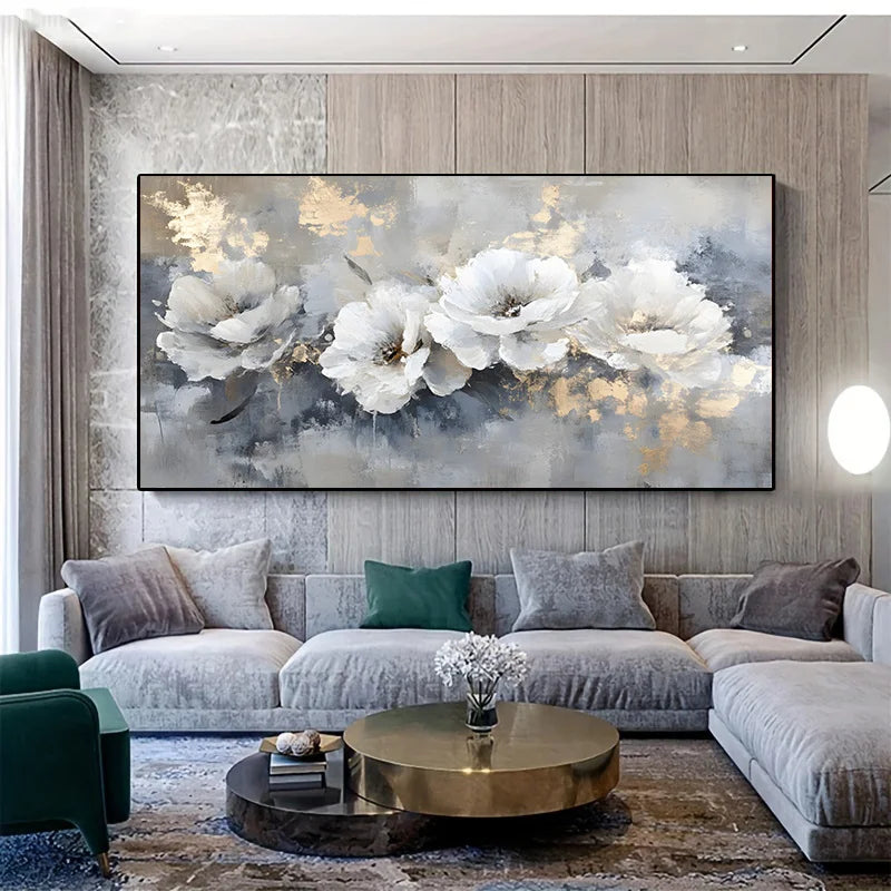Large Modern Abstract White Floral Canvas Wall Art No Frame Poster for Living Room Bedroom Decor,Gray Blue Background Room Decor Peaceful Pleasures Health and Wellness