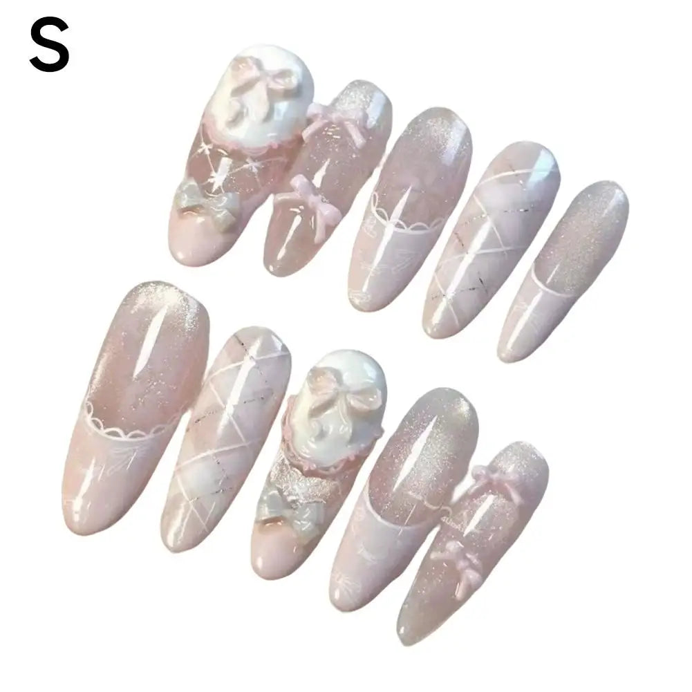 Gentle Sweet Lovely Handmade Long Coffin Ellipse French Full Cover Nail Flower Bowknot Star Cat Eyes Diamond Pearl Press On Nail Peaceful Pleasures Health and Wellness S