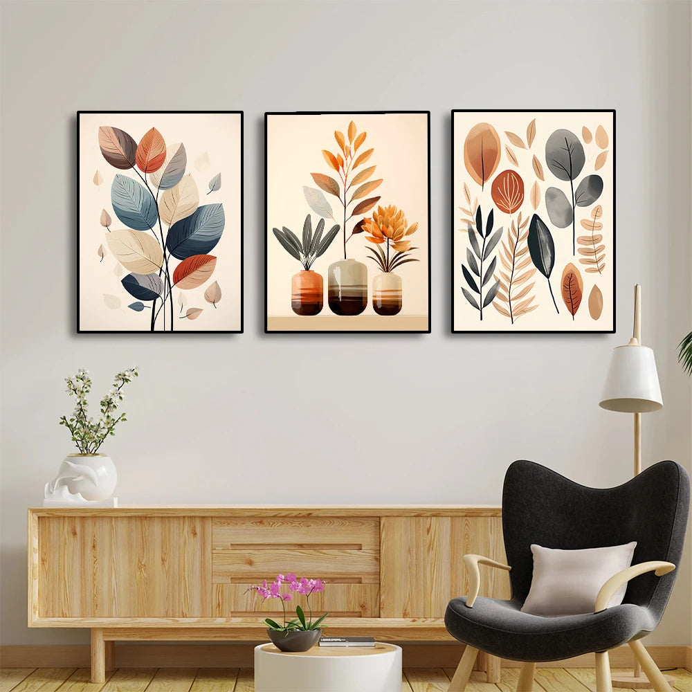 3 Sets of Retro Leaf Canvas Painting Wall Art Watercolor Vase Simple Abstract Poster and Printmaking for Living Room Decoration Peaceful Pleasures Health and Wellness