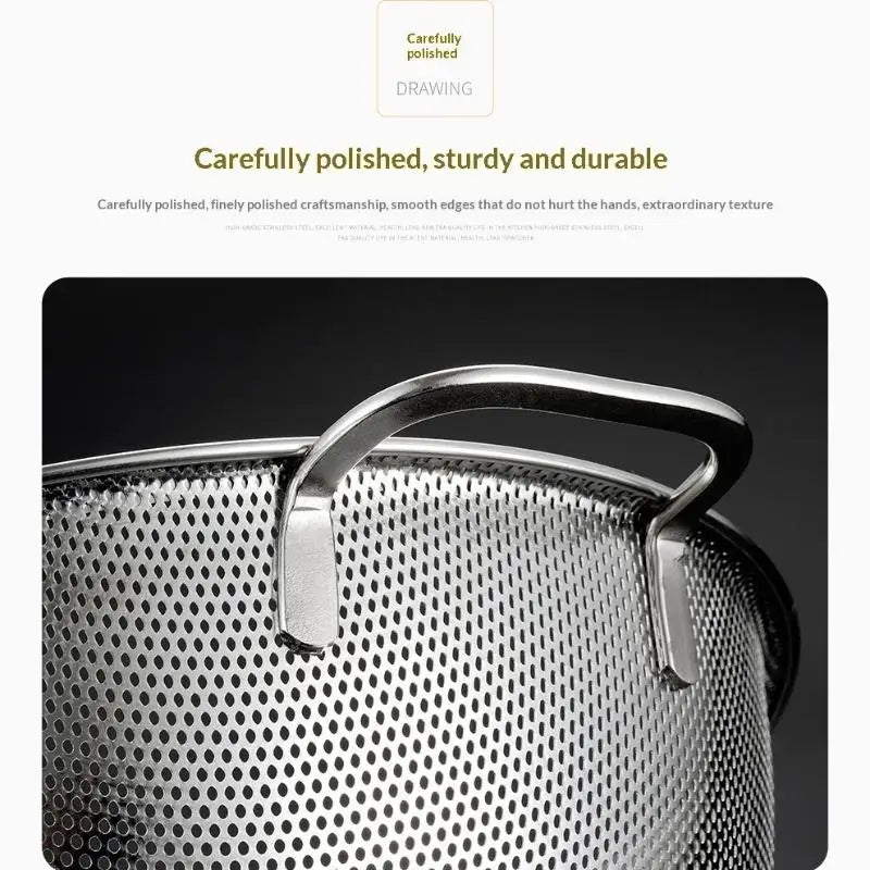 New Stainless Steel Colander With Double Handle Food Pasta Strainer Basket With Self-draining Solid Ring Base Fine Mesh Filter Peaceful Pleasures Health and Wellness