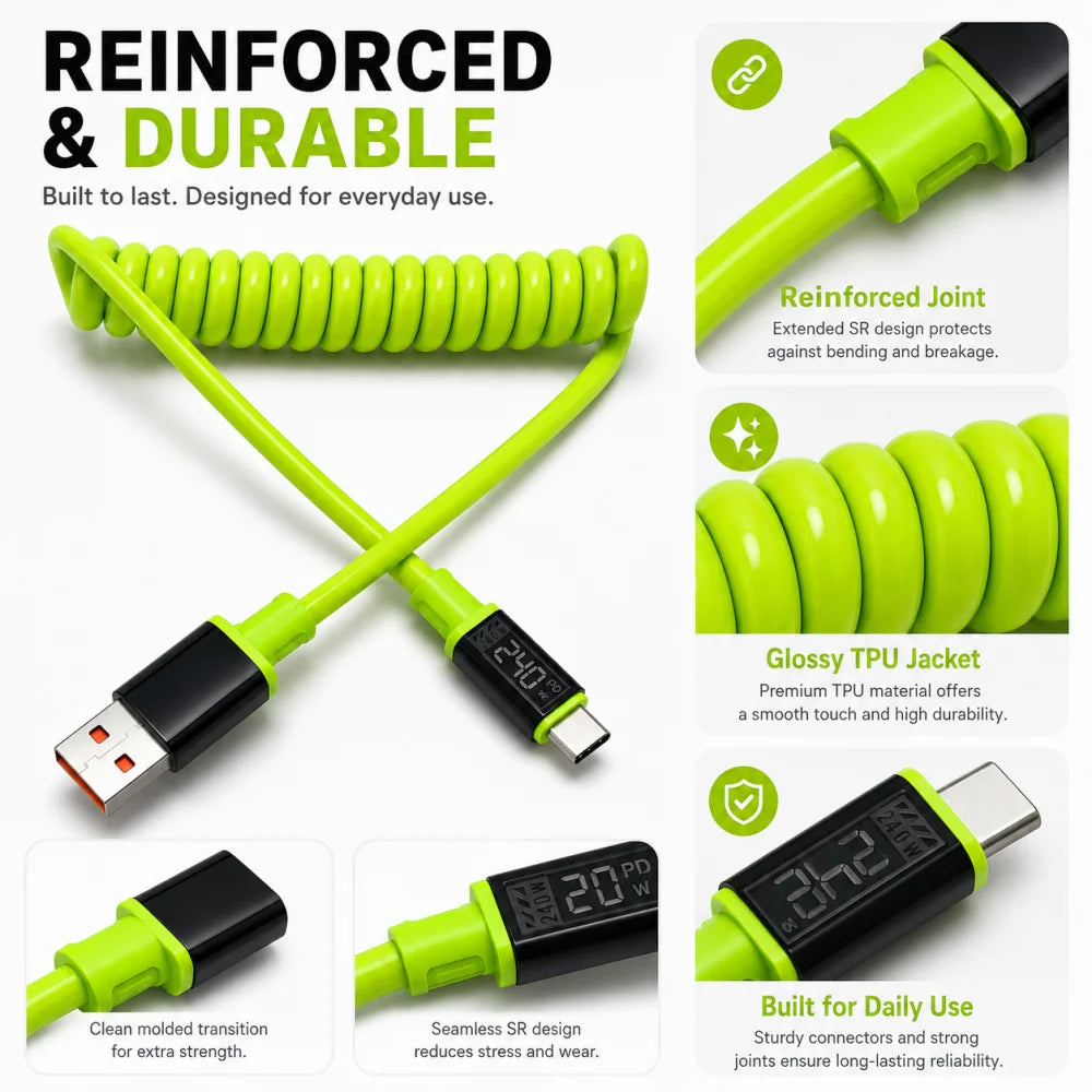 240W USB-C Spring Fast Charging Cable | iPhone & Samsung