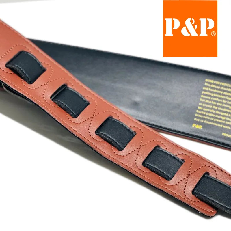 PP Guitar Strap Leather Shoulder Pads Lightning Cowhide Brown White