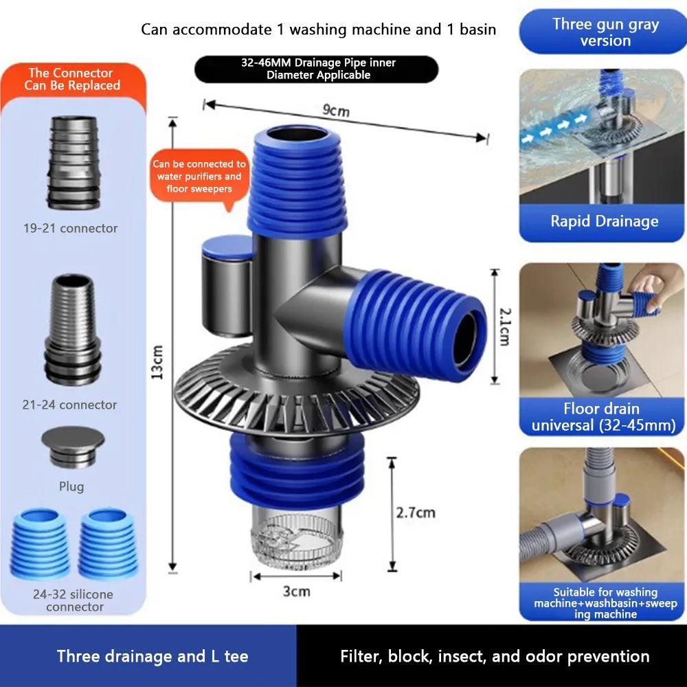 Anti-Odor Floor Drain Connector | Multi-Port Hose Adapter