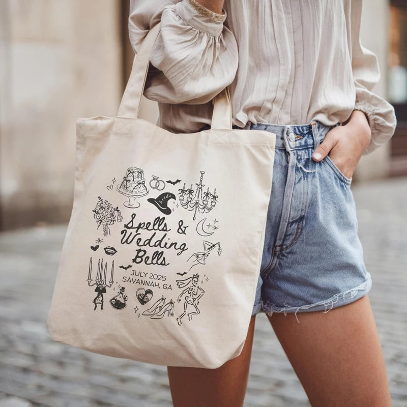 Personalized Witchy Gothic Wedding Bells Canvas Tote Bag | Bachelorette Personalized Tote Bag Peaceful Pleasures Health and Wellness
