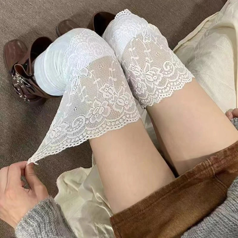 Socks Woman Autumn/Winter Solid Color Thigh High Lace Cute Lolita Thick Warm Stockings Black White Long Leg Socks for Women Peaceful Pleasures Health and Wellness