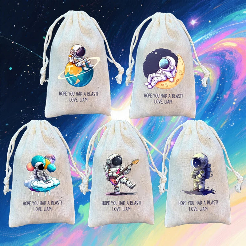 5-Pack Personalized Space Astronaut Drawstring Gift Bags | Party