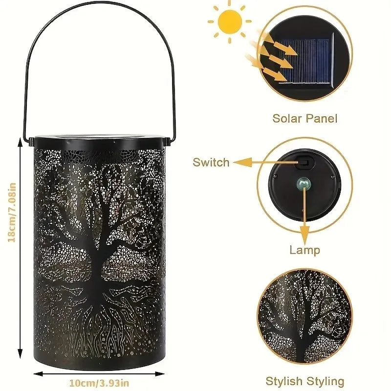 Hanging Solar Lantern Outdoor – Vintage Metal LED Tree Projection