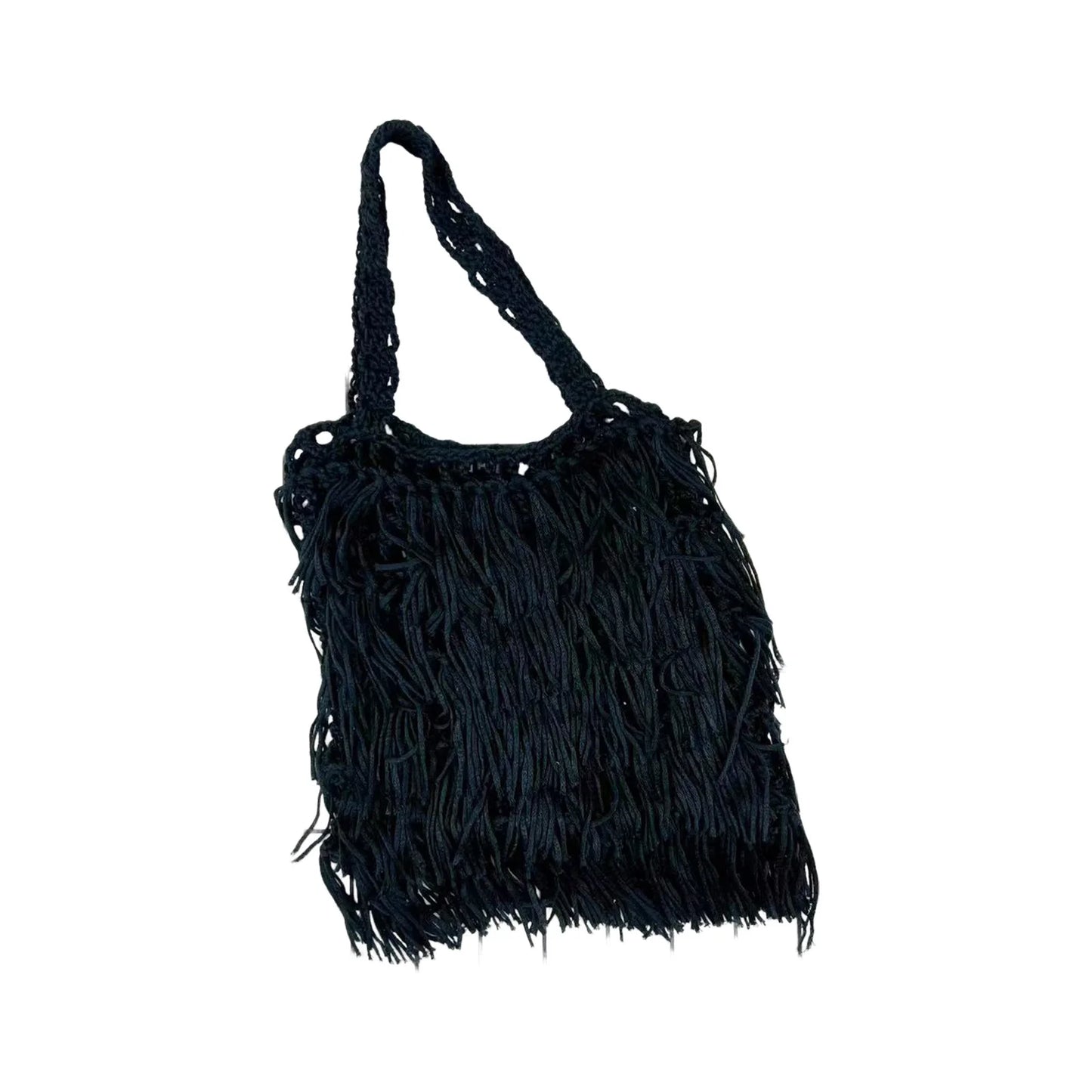 Women's Ethnic Style Woven Shoulder Bag Solid Color Fringe Design Casual Handbag with Adjustable Strap for Daily Use Peaceful Pleasures Health and Wellness black