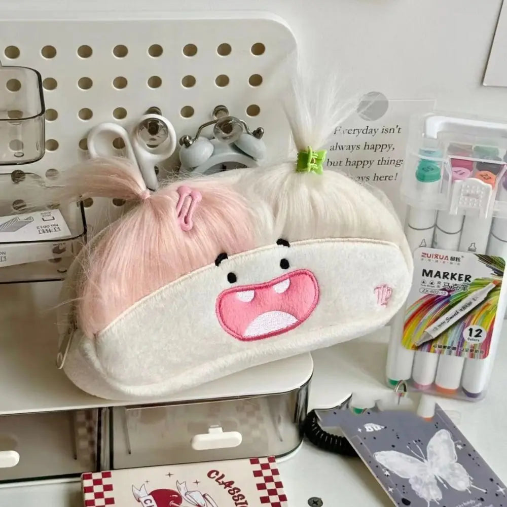 DIY Fluffy Hair Afro-Hair Doll Pen Bag Large Capacity Kawaii Pencil Case Holder Funny Zipper Soft Pen Bag Gift Peaceful Pleasures Health and Wellness style B