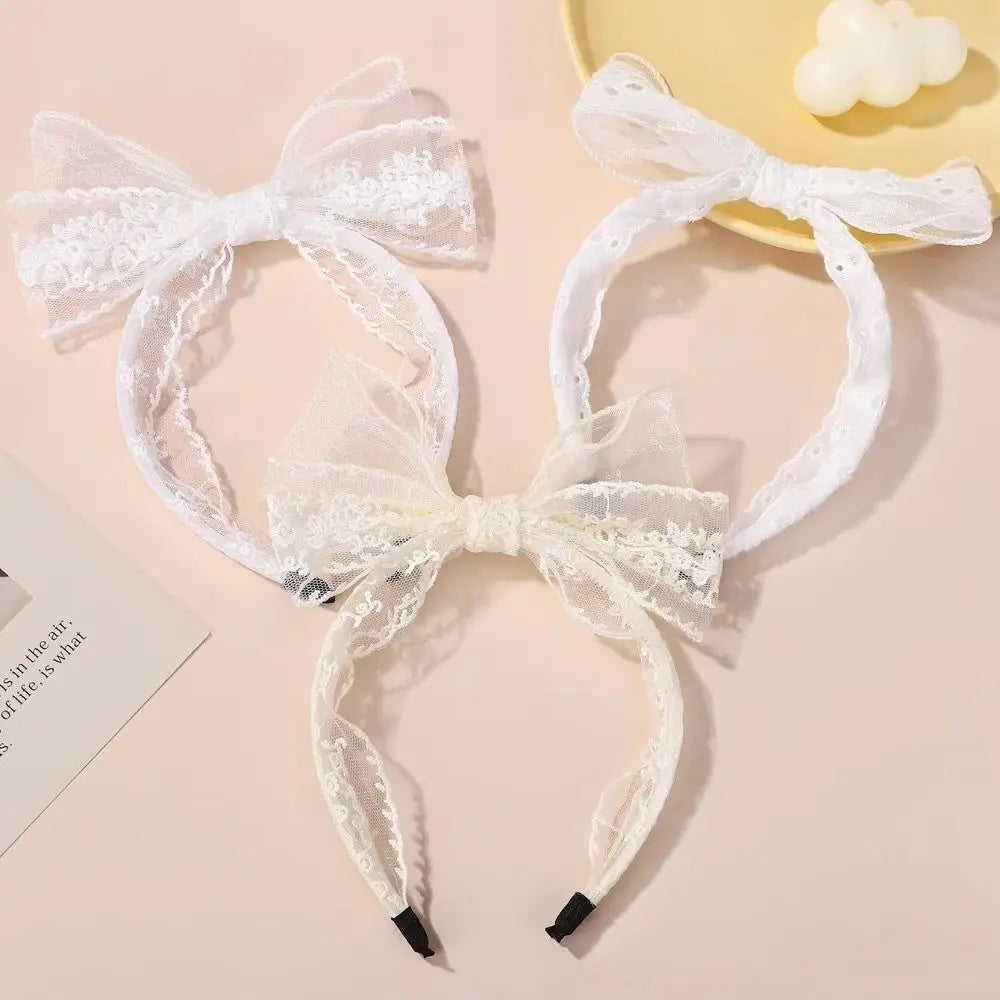 Elegant Lace Bow Headband – Floral Embroidery Non-Slip