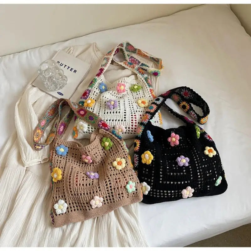 Large Boho Floral Crochet Tote Bag | Hollow Knit Handbag