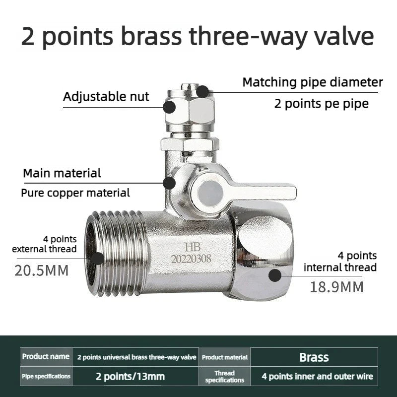 Copper 3-Way Shut-Off Valve 1/4" & 3/8" | RO Water Adapter