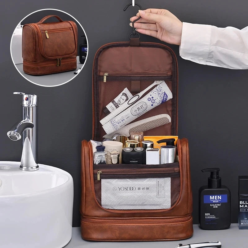 2026 New Men's Business Toiletry Bag Large-capacity High-end Multi-functional Waterproof Makeup Bag Hand-held Storage Bag Peaceful Pleasures Health and Wellness Brown