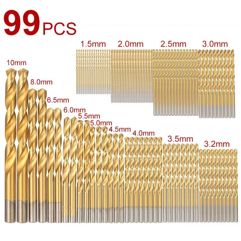 99-Pc Titanium HSS Twist Drill Bit Set 1/16"–1/4" for Wood Peaceful Pleasures Health and Wellness 99Pcs bagged